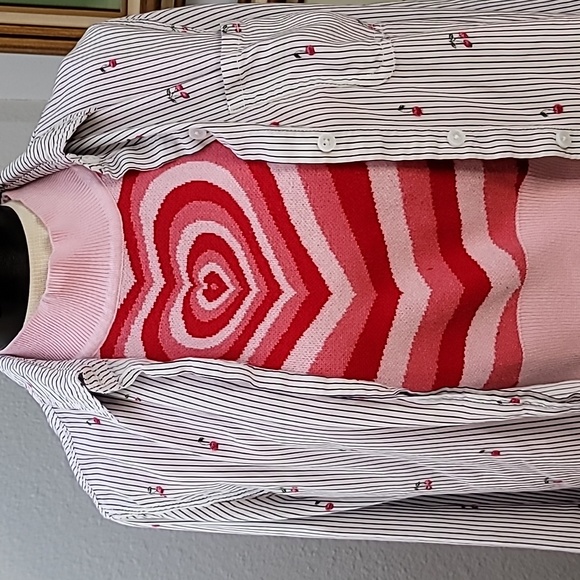 Beachlunchlounge cherry and striped blouse button down size L White black red - Picture 10 of 13